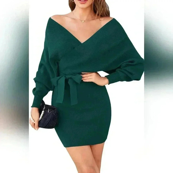 Dark Green Mini Sweater Knit Wrap Dress | Size Medium - Picture 1 of 7